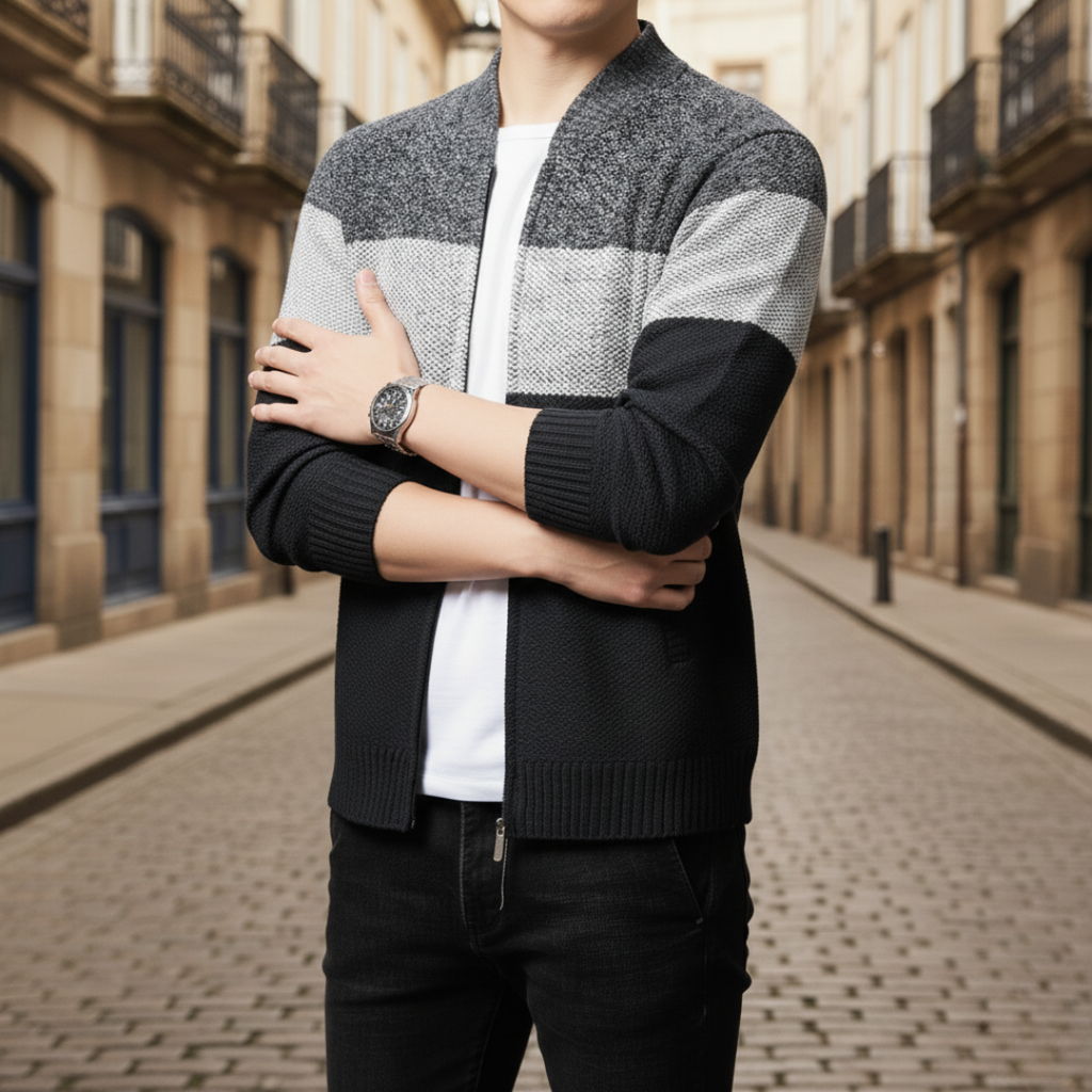Men's striped knit cardigan with mock neck and front zipper