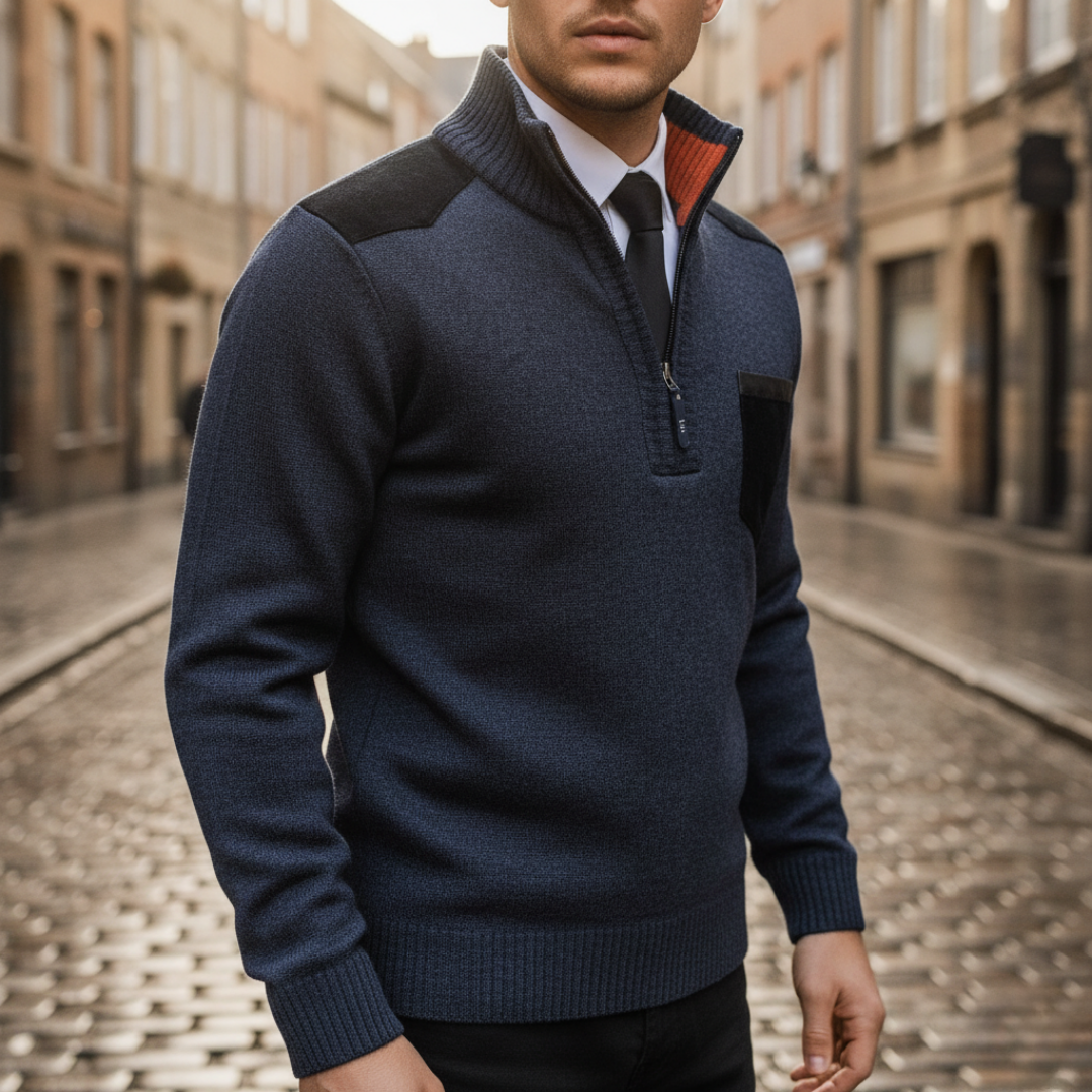 Men's half-zip sweater with stand collar, contrast shoulder panels and chest pocket