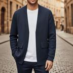 Men's textured knit cardigan with open front and patch pockets