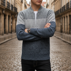 Men's striped knit cardigan with mock neck and front zipper