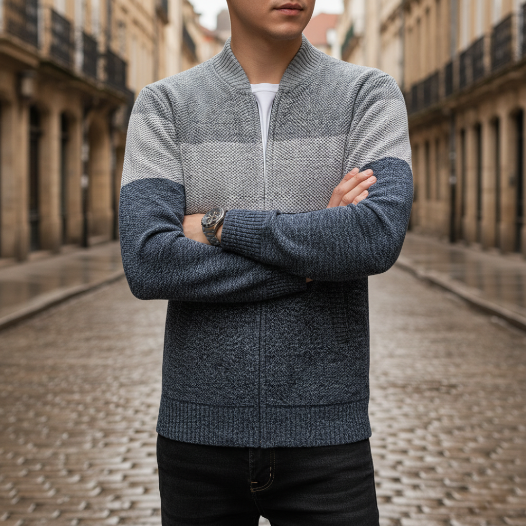 Men's striped knit cardigan with mock neck and front zipper