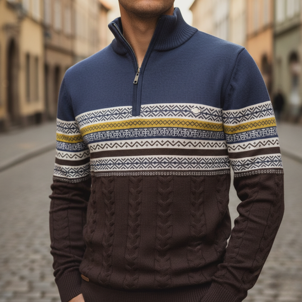 Men's patterned half-zip sweater with ribbed collar