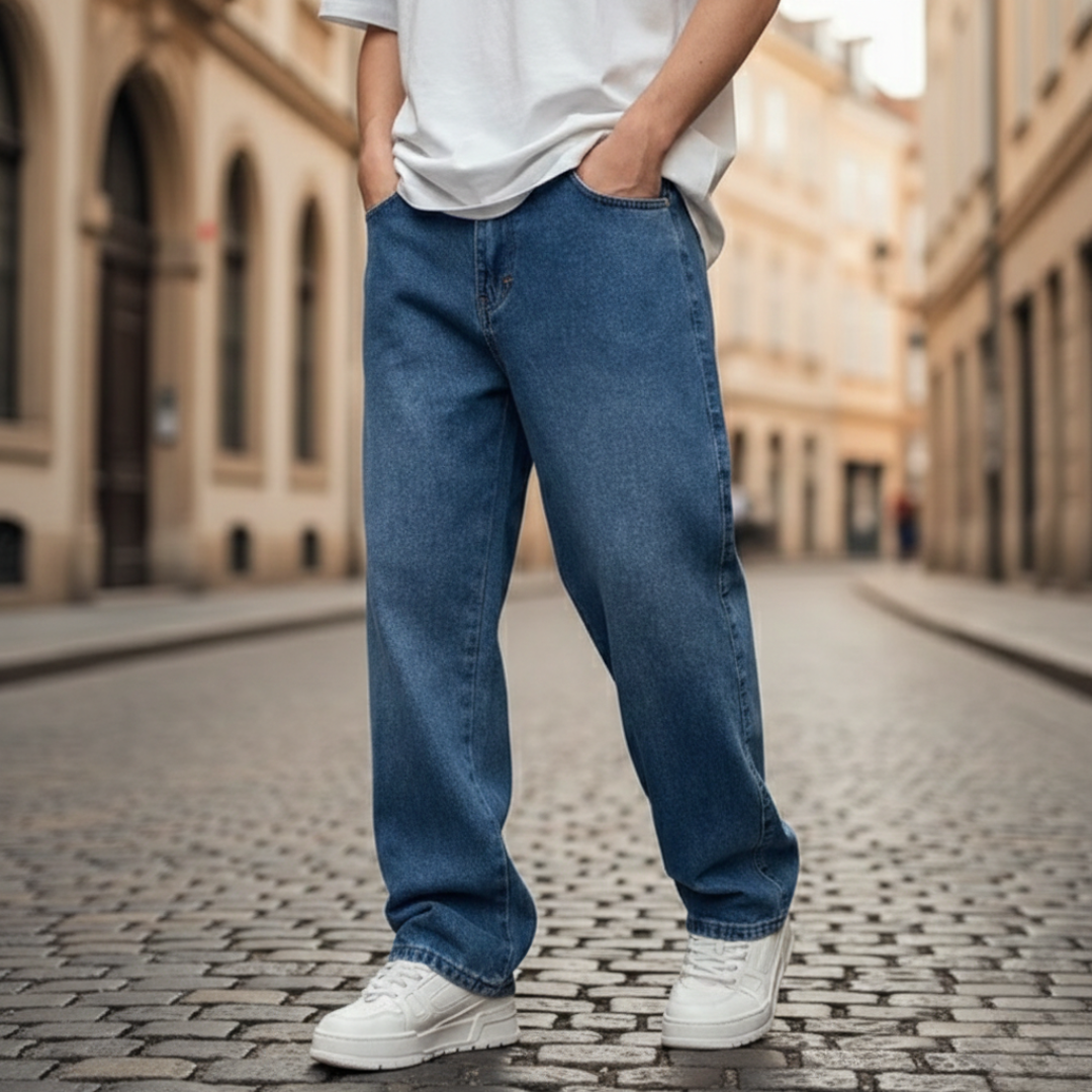 Men's regular-fit straight leg jeans with five-pocket design