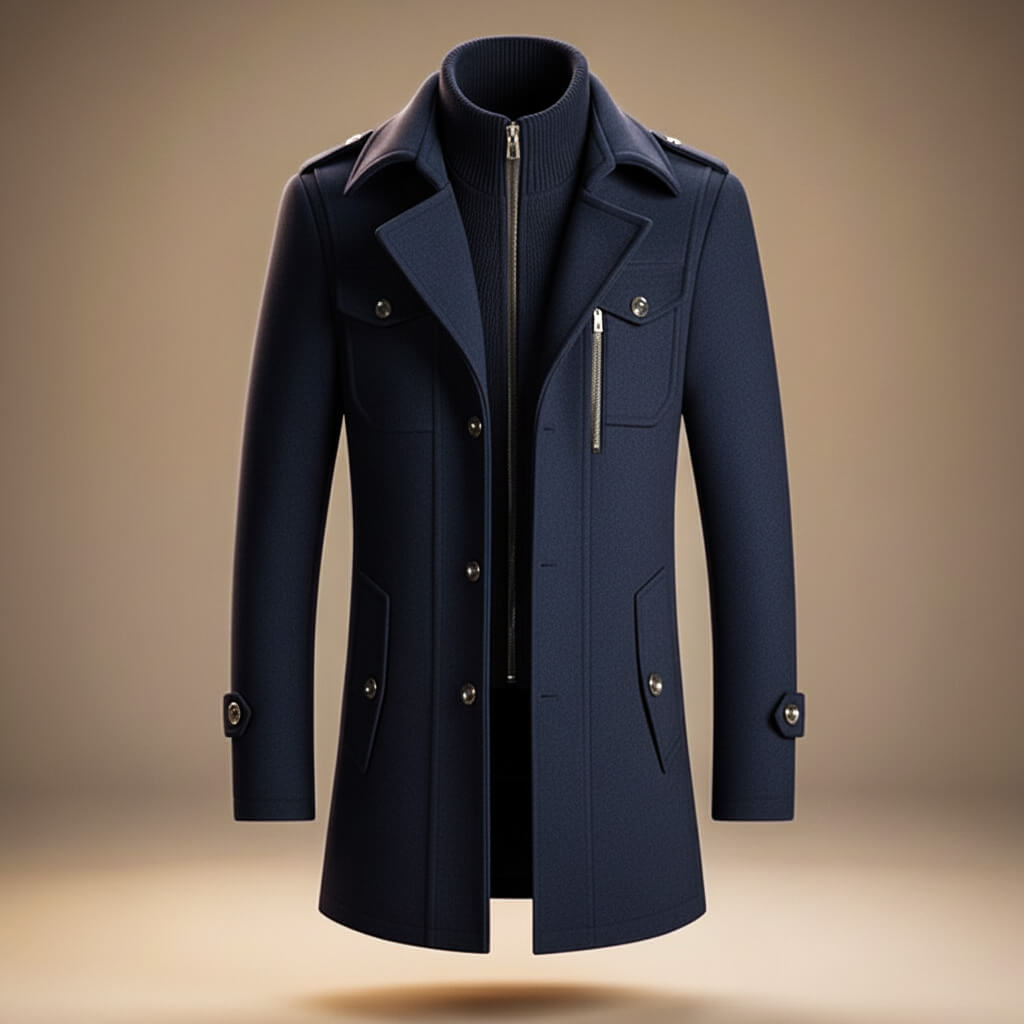 Men's structured long coat with high collar, zip and button front, and multiple pockets