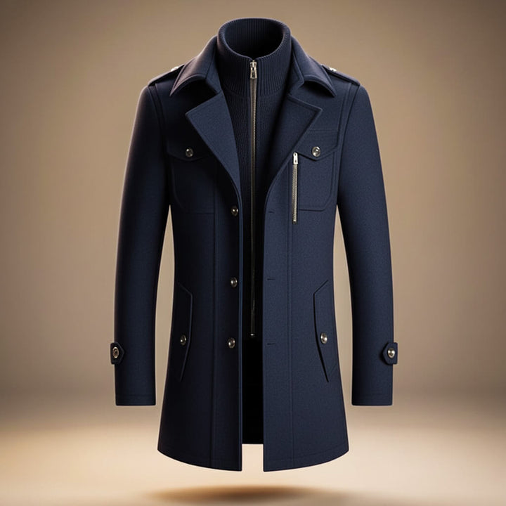Men's structured long coat with high collar, zip and button front, and multiple pockets