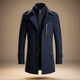 Men's structured long coat with high collar, zip and button front, and multiple pockets
