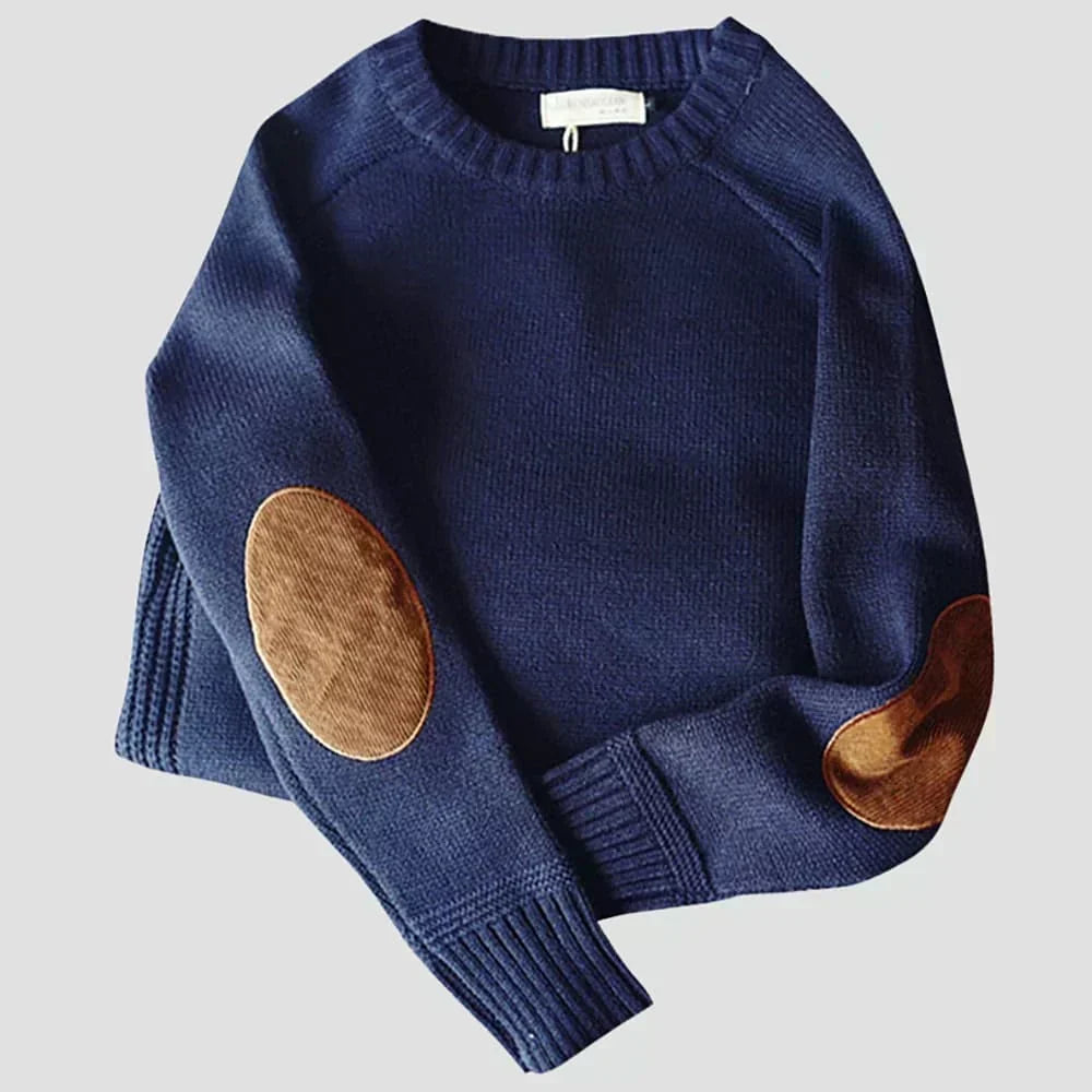 Men's crew neck jumper with contrast elbow patches