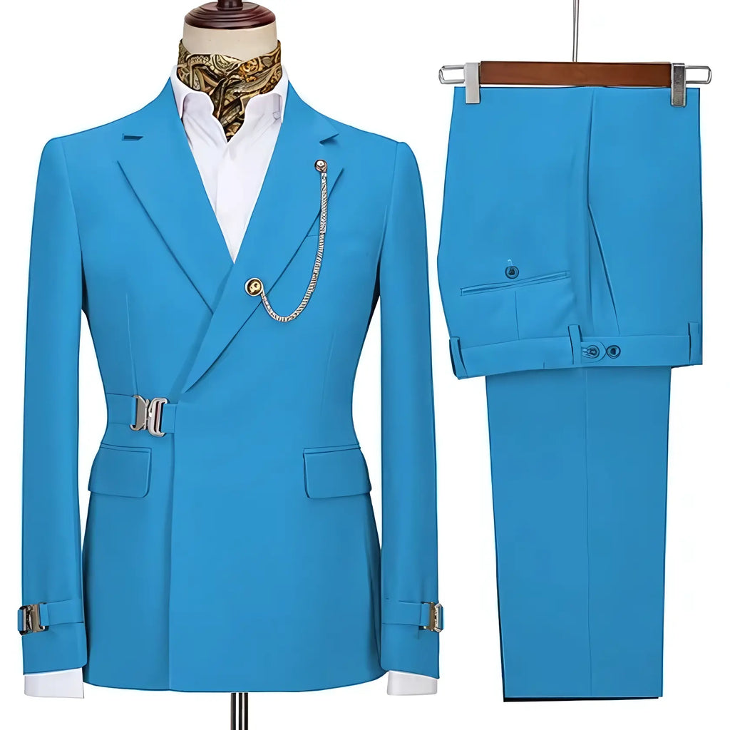 Men's two-piece suit with notched lapels, chain detail, buckle accents and matching trousers
