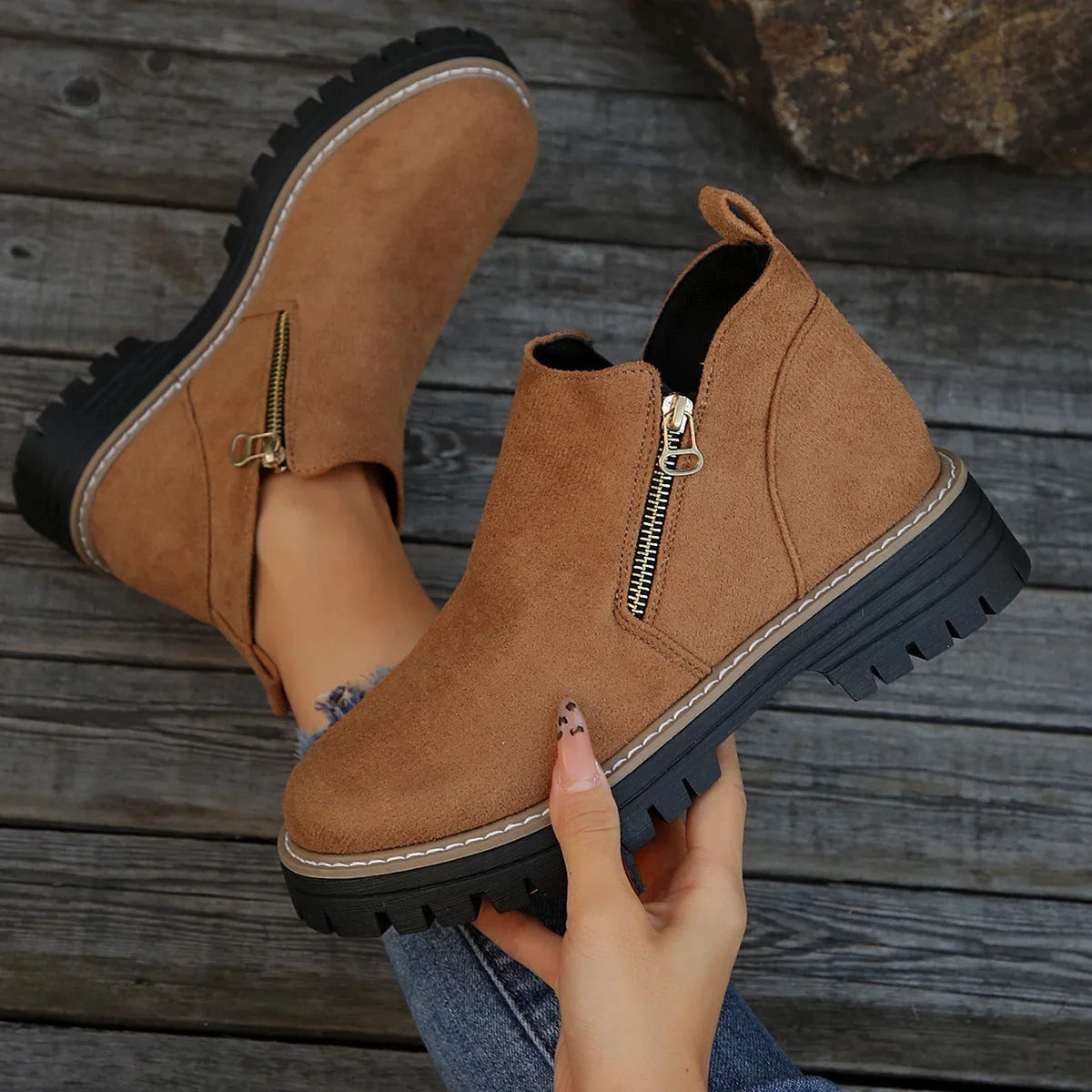 Women's side zip ankle boots with lug sole