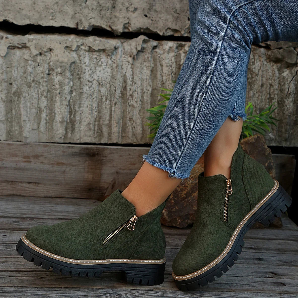 Women's side zip ankle boots with lug sole