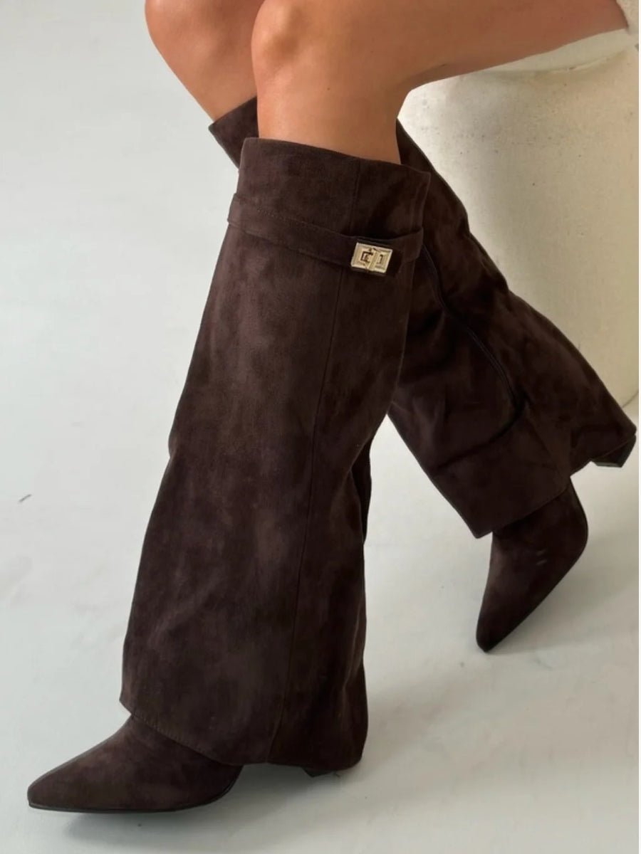 Women's tall pointed toe boots with decorative trim and low block heels
