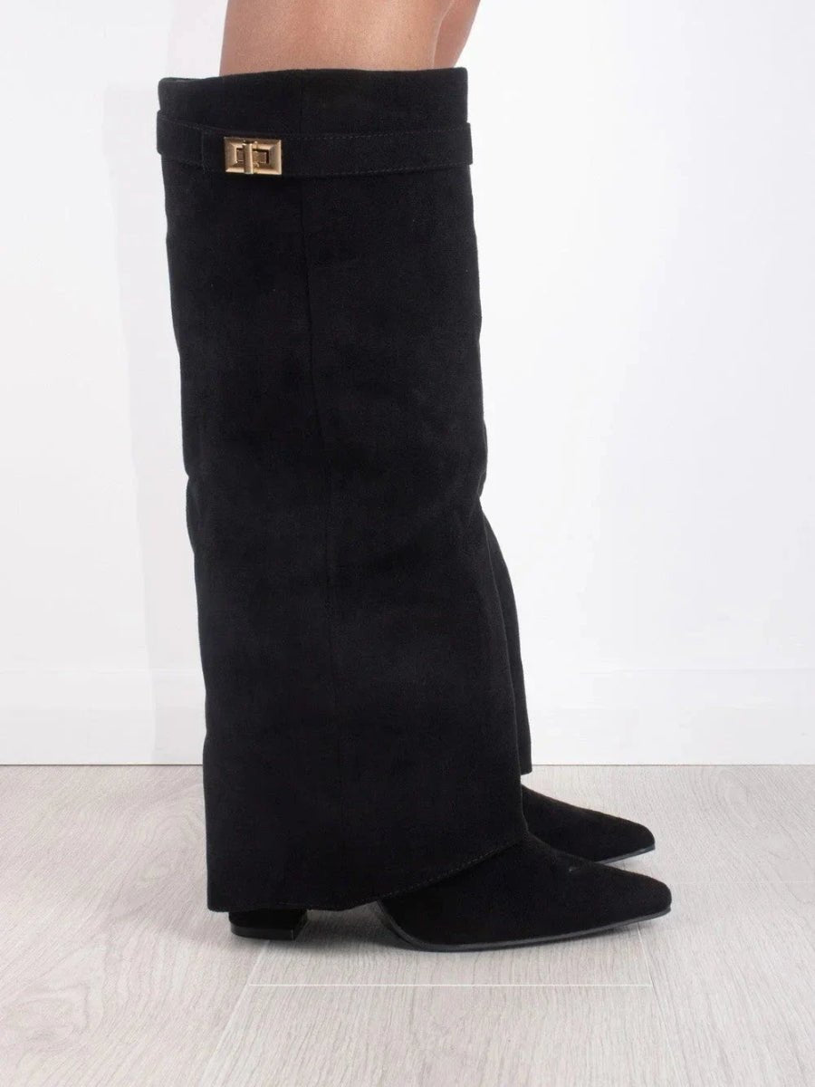 Women's tall pointed toe boots with decorative trim and low block heels
