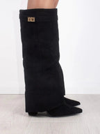 Women's tall pointed toe boots with decorative trim and low block heels