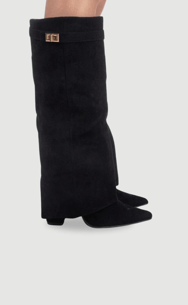 Women's tall pointed toe boots with decorative trim and low block heels