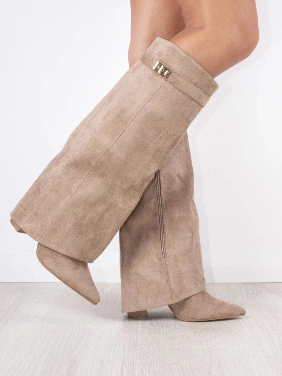 Women's tall pointed toe boots with decorative trim and low block heels