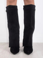 Women's tall pointed toe boots with decorative trim and low block heels