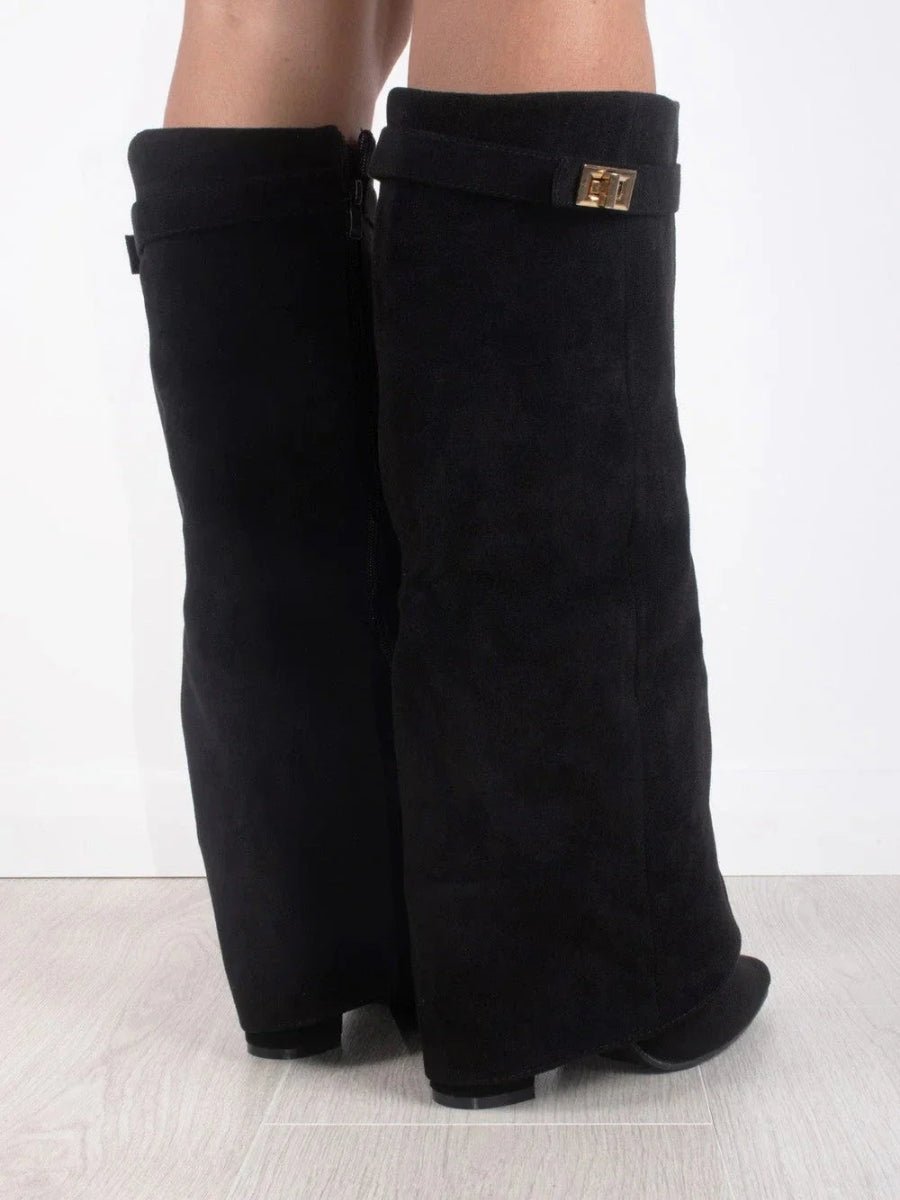 Women's tall pointed toe boots with decorative trim and low block heels