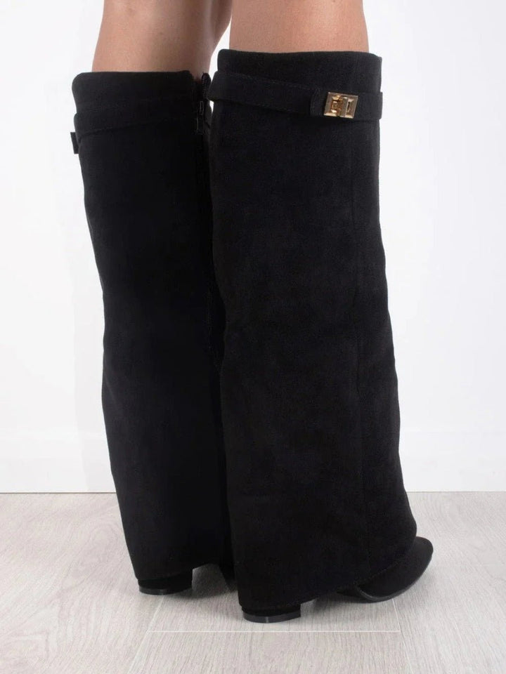 Women's tall pointed toe boots with decorative trim and low block heels