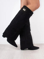 Women's tall pointed toe boots with decorative trim and low block heels