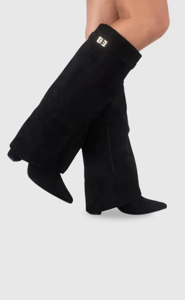 Women's knee-high pointed-toe boots with metallic trim and mid heels