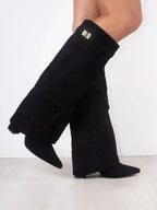 Women's knee-high pointed-toe boots with metallic trim and mid heels