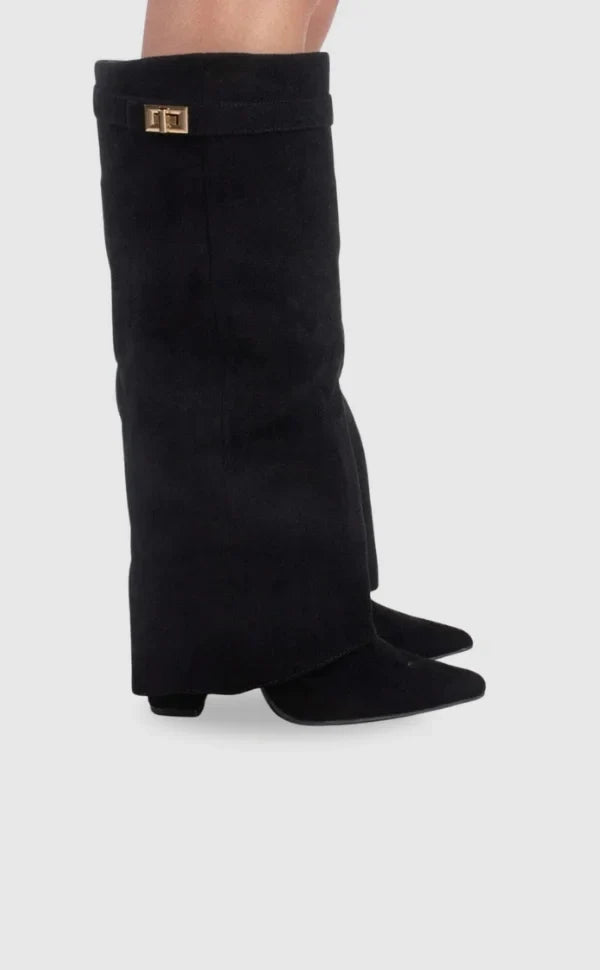 Women's knee-high pointed-toe boots with metallic trim and mid heels