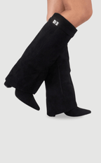 Women's tall pointed-toe boots with low block heel