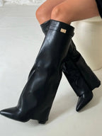 Women's tall pointed-toe boots with low block heel