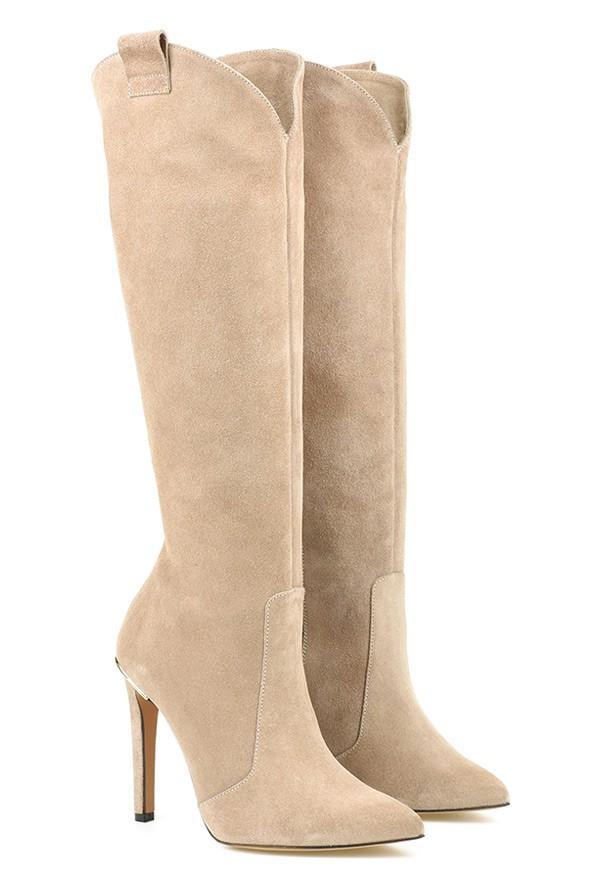 Women's over-the-knee pointed-toe boots with very high stiletto heels