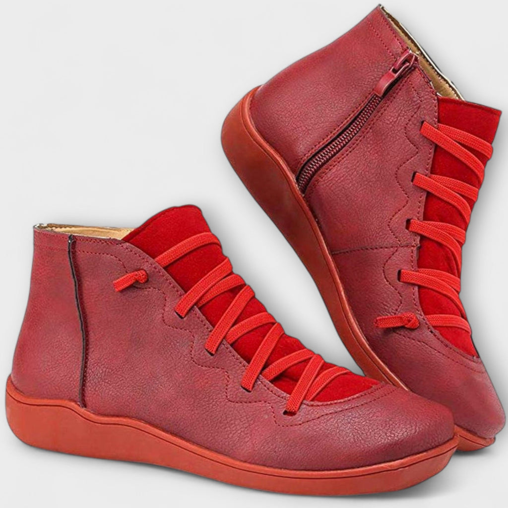 Women's lace-up ankle boots with side zipper and flat sole