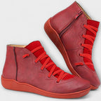 Women's lace-up ankle boots with side zipper and flat sole