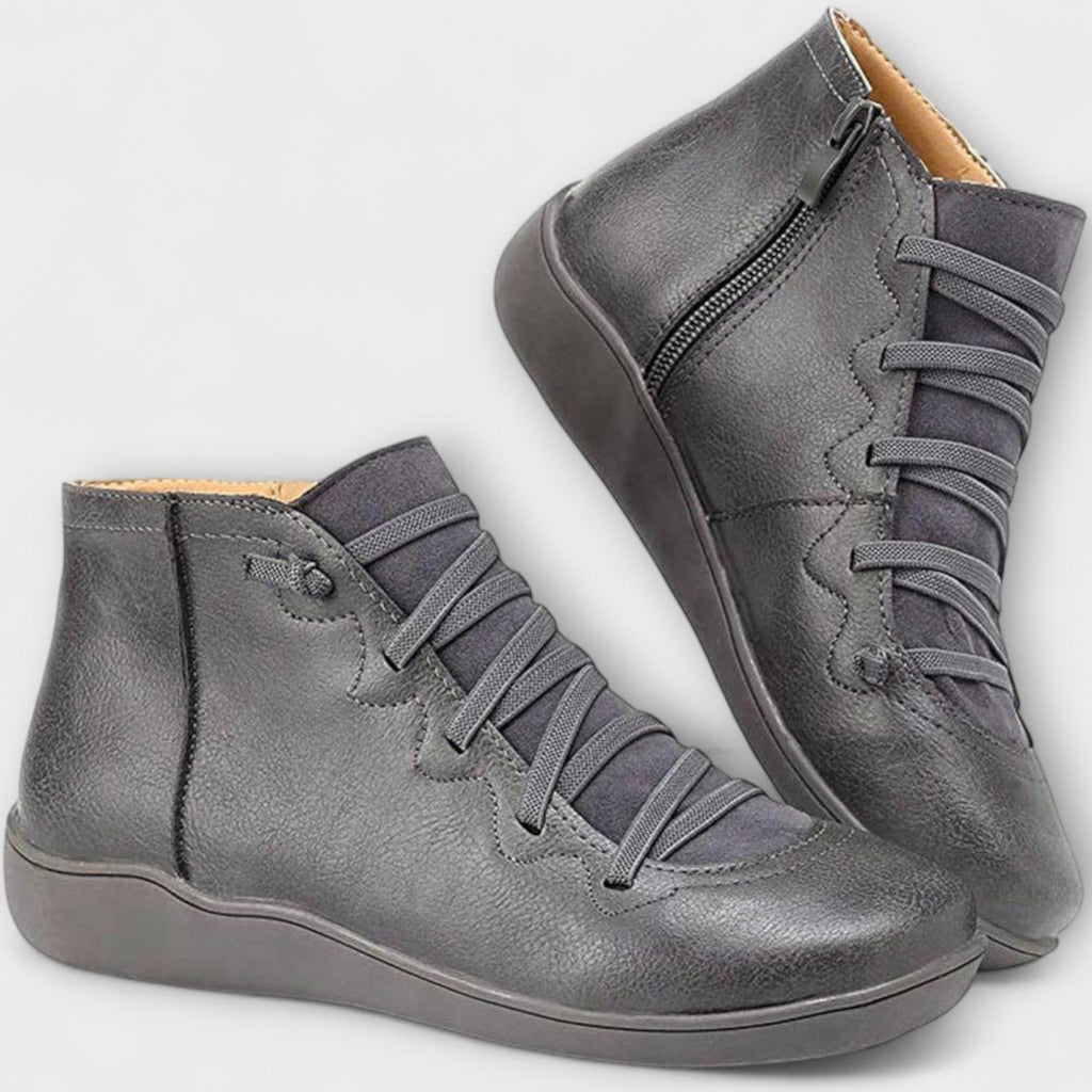Women's lace-up ankle boots with side zipper and flat sole