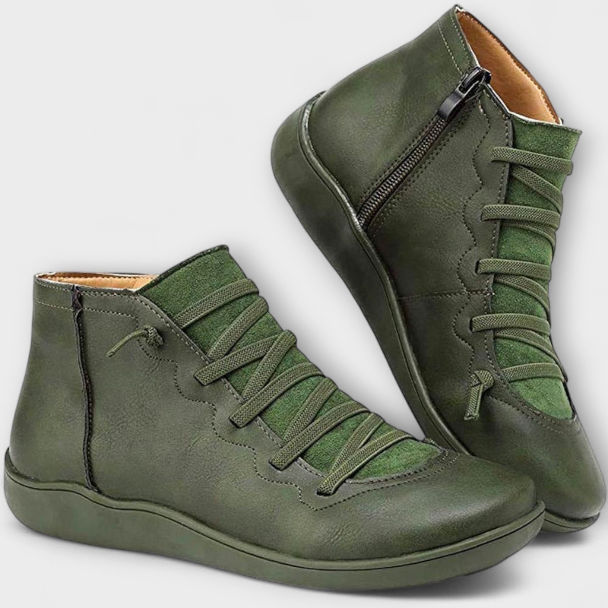 Women's lace-up ankle boots with side zipper and flat sole