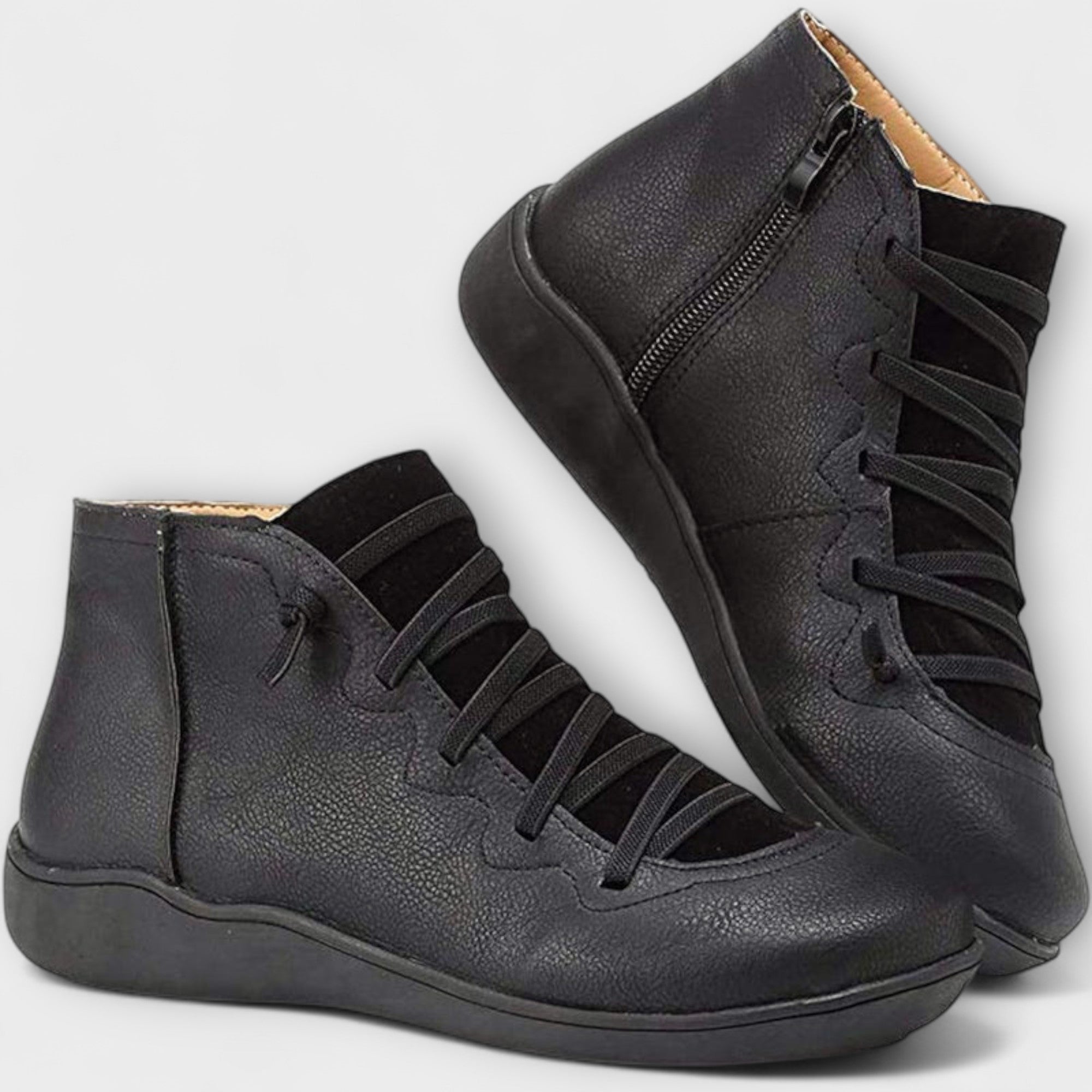 Women's lace-up ankle boots with side zipper and flat sole