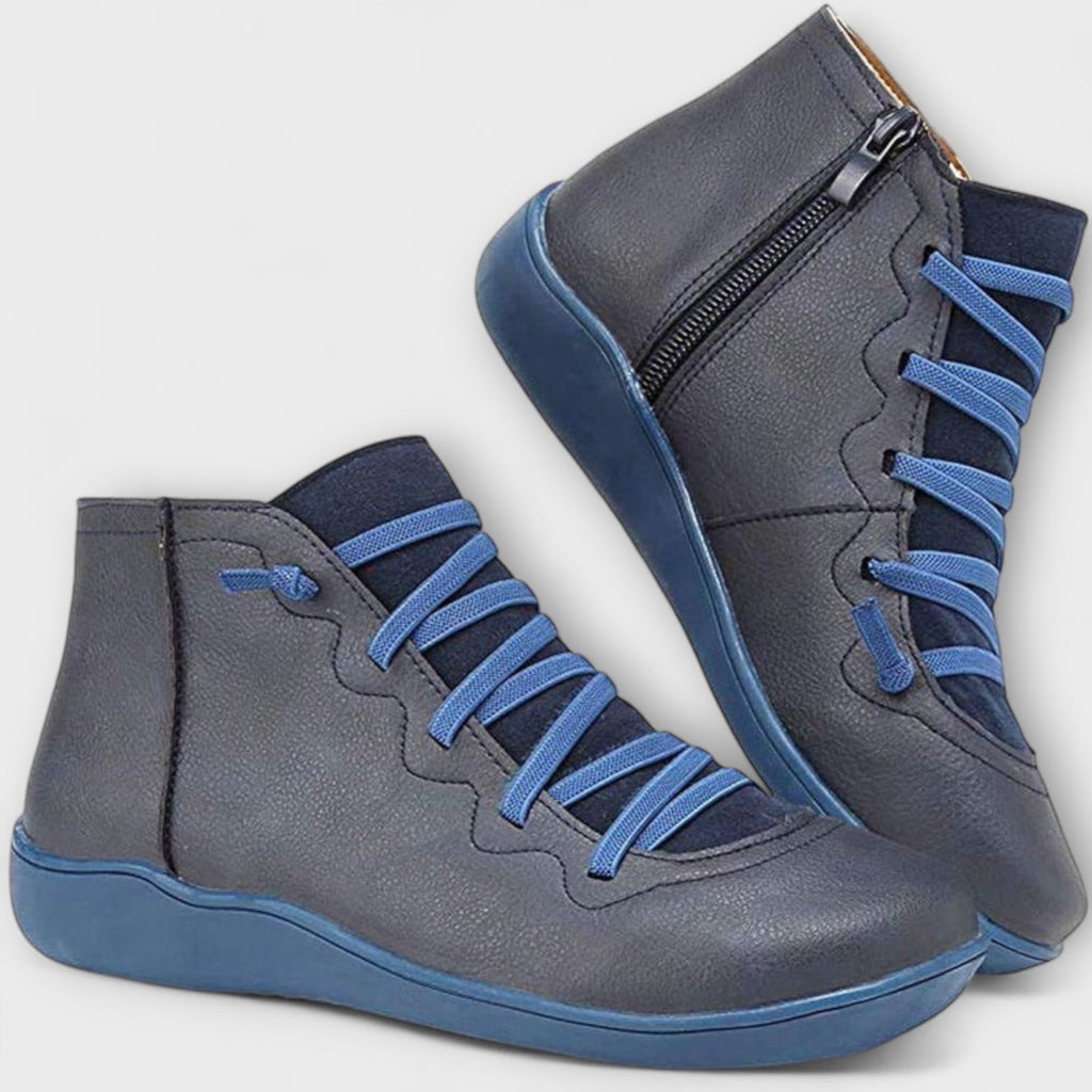 Women's lace-up ankle boots with side zipper and flat sole