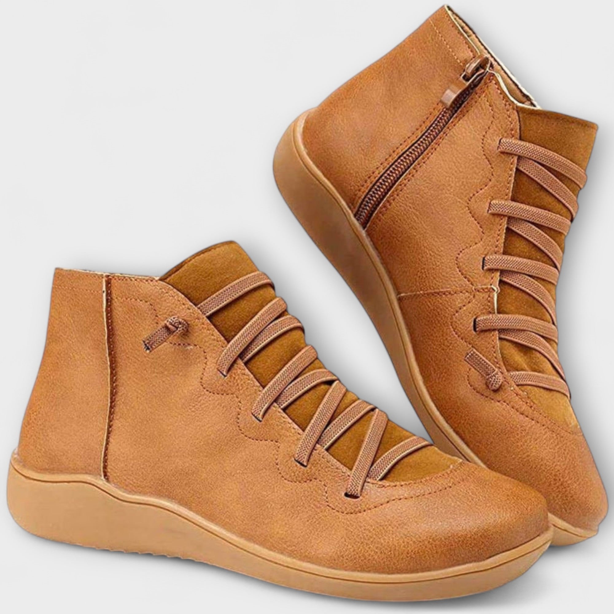 Women's lace-up ankle boots with side zipper and flat sole