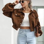Women's cropped corduroy bomber jacket with button front and chest pockets