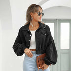 Women's cropped corduroy bomber jacket with button front and chest pockets
