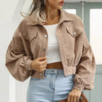 Women's cropped corduroy bomber jacket with button front and chest pockets