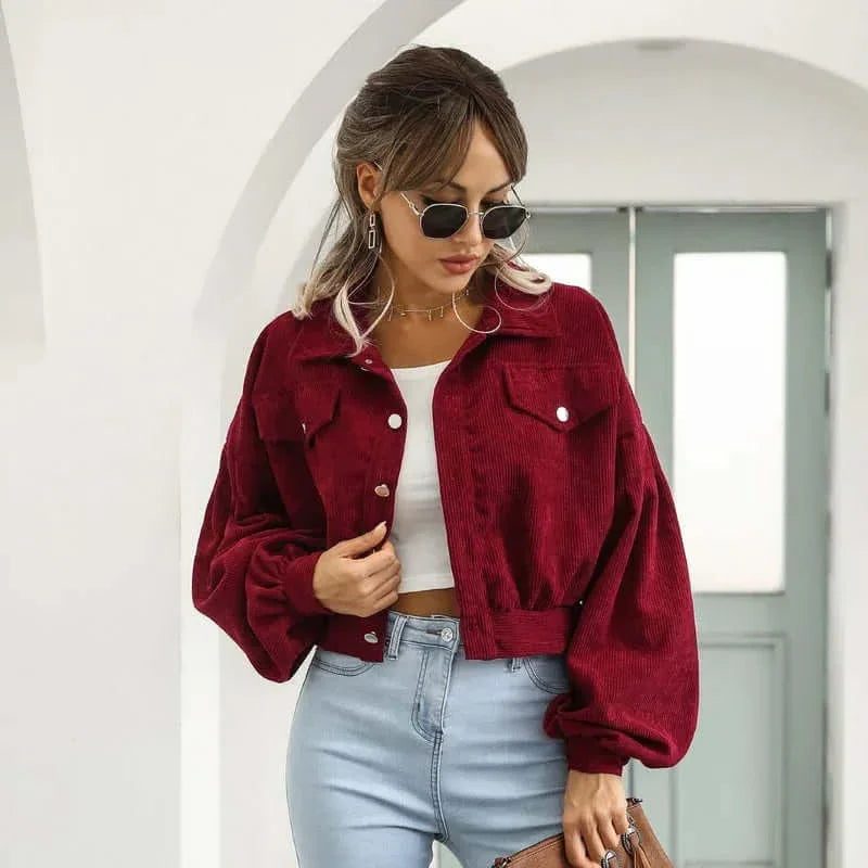 Women's cropped corduroy bomber jacket with button front and chest pockets