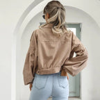 Women's cropped corduroy bomber jacket with button front and chest pockets