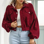Women's cropped corduroy bomber jacket with button front and chest pockets