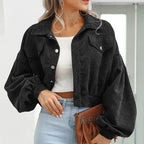 Women's cropped corduroy bomber jacket with button front and chest pockets