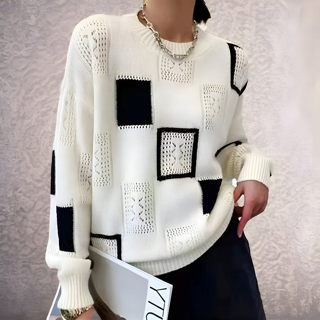 Women's abstract patchwork crew neck sweater