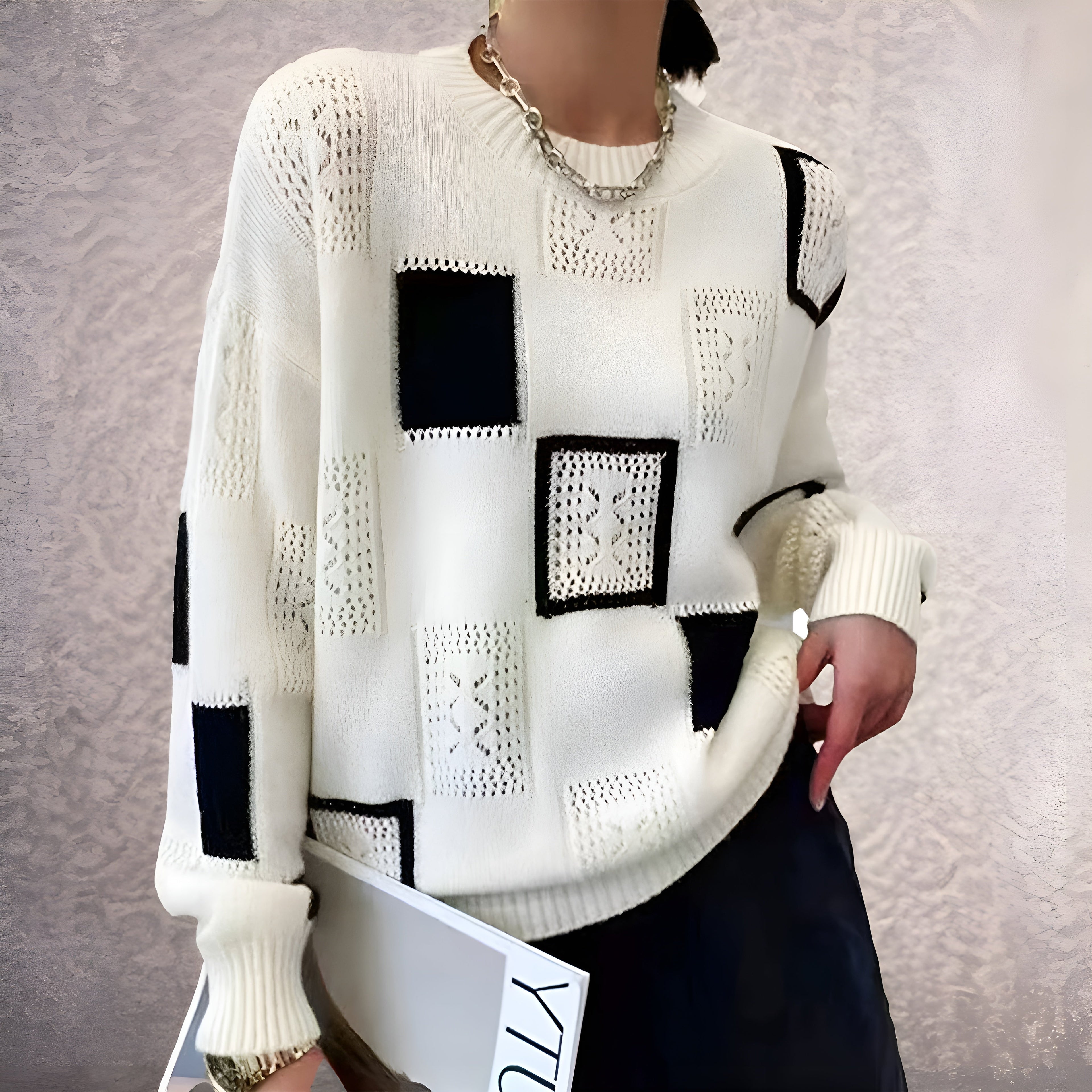 Women's abstract patchwork crew neck sweater