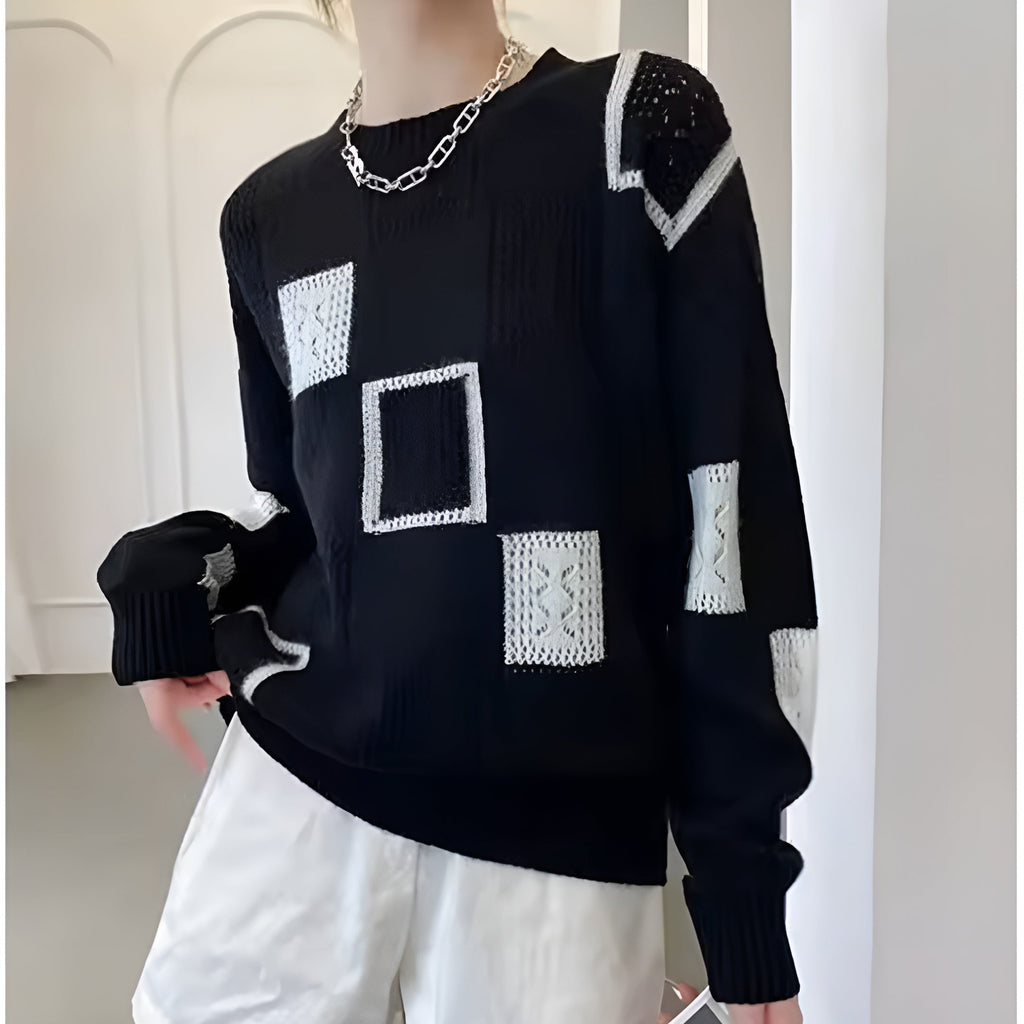Women's abstract patchwork crew neck sweater