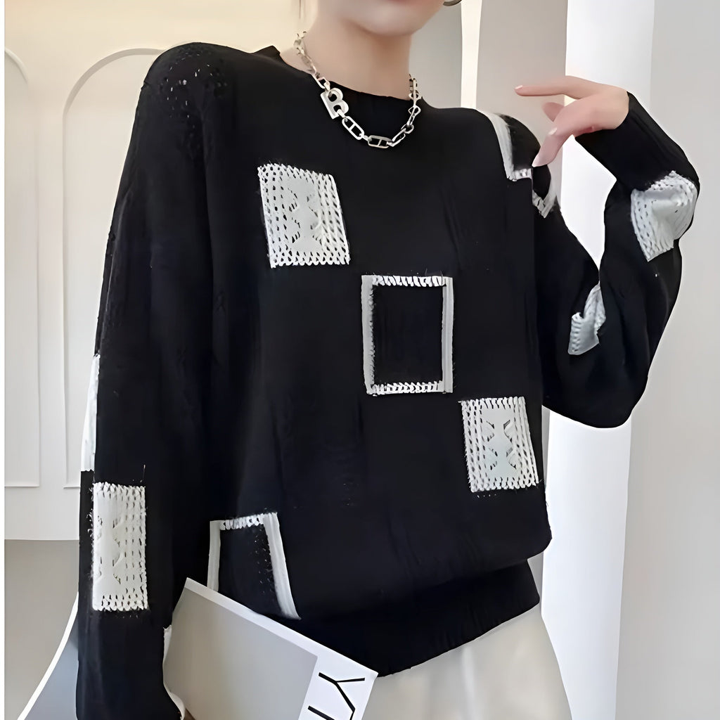 Women's abstract patchwork crew neck sweater