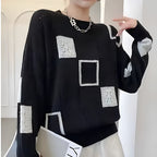 Women's abstract patchwork crew neck sweater