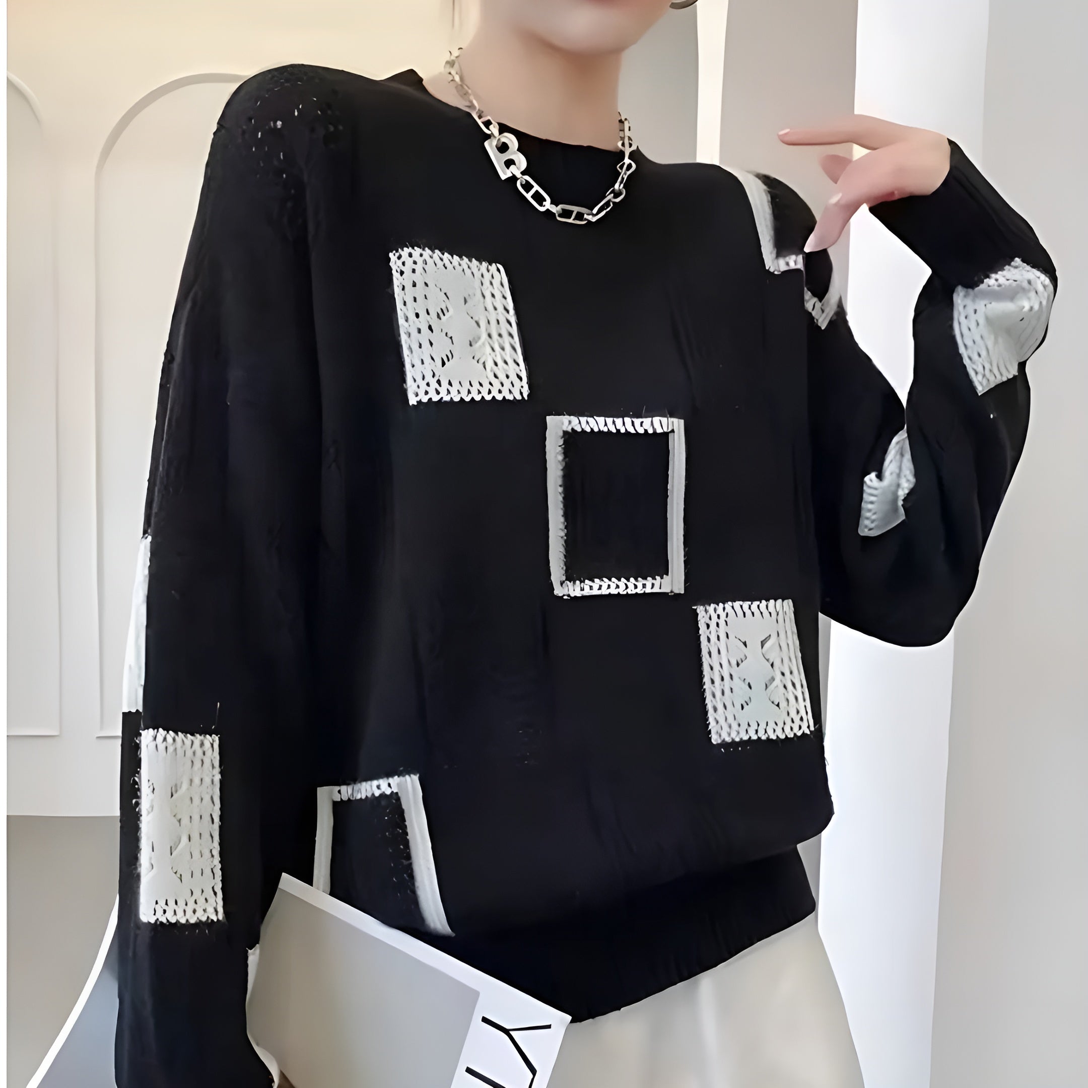 Women's abstract patchwork crew neck sweater