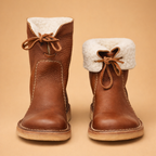 Women's lace-up ankle boots with plush cuff and flat sole